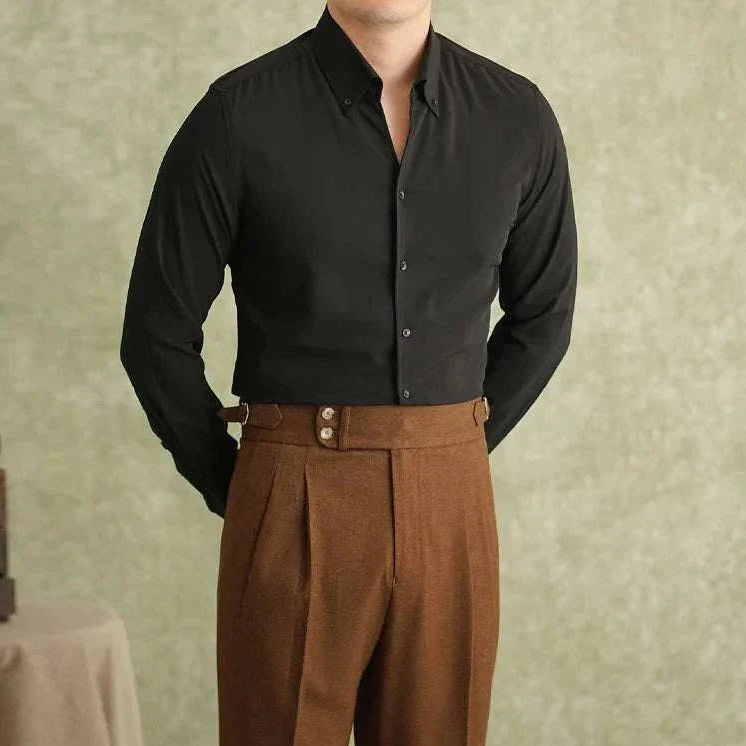Spring pointer collar long sleeve shirt for men in black, made of polyester and spandex, perfect for autumn and winter seasons.