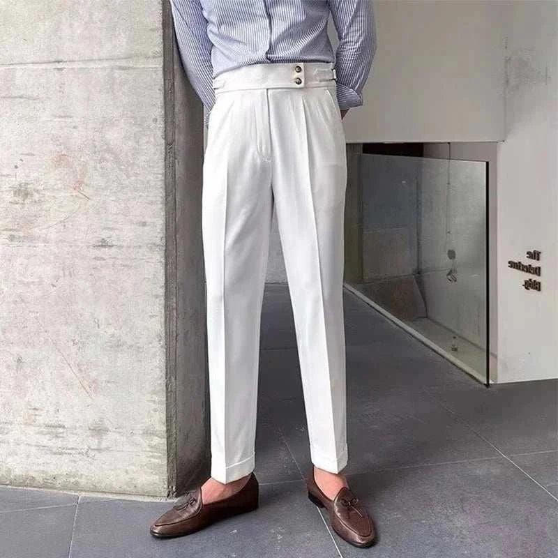 High-waist slim straight trousers in white, elegant and comfortable polyester.