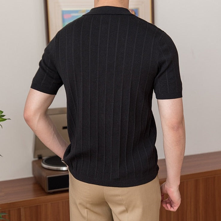 ANK Striped T-Shirt in soft cotton, showcasing a classic collar, suitable for casual or elegant outfits.