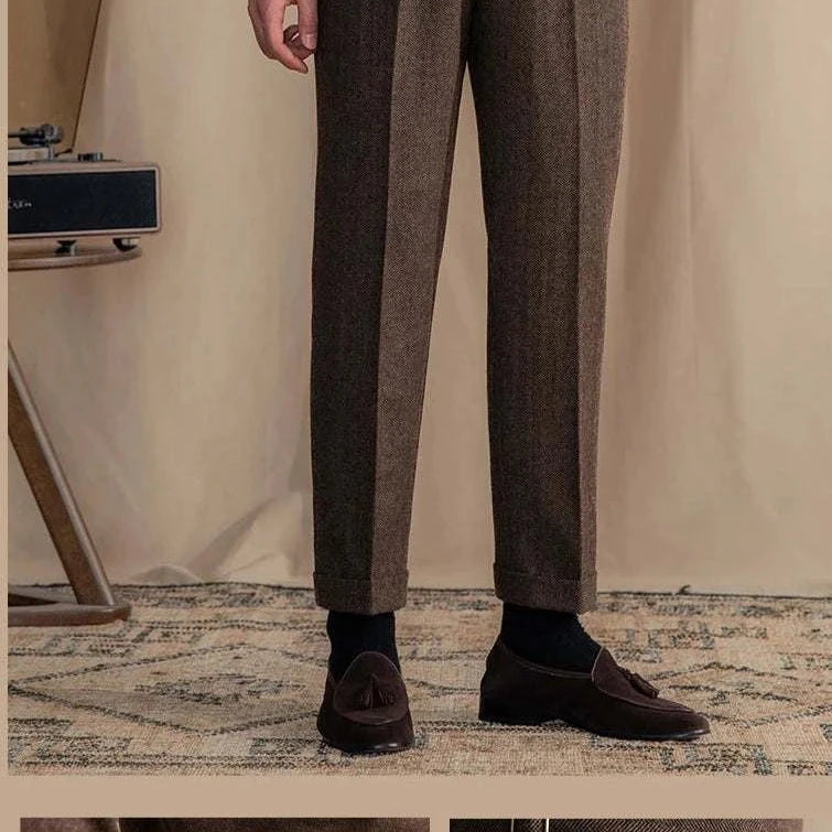 Antonios vintage wool herringbone pants in brown, smart casual style.