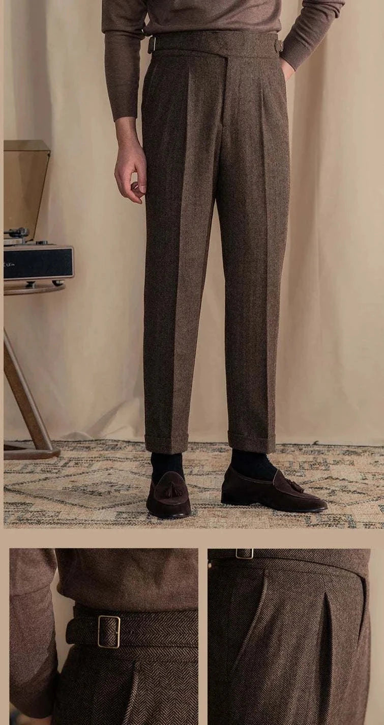 Antonios vintage wool herringbone pants in brown, smart casual style.