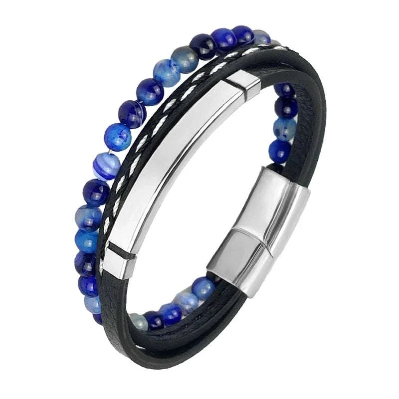 Stainless steel stone bracelet with blue beads and PU material.