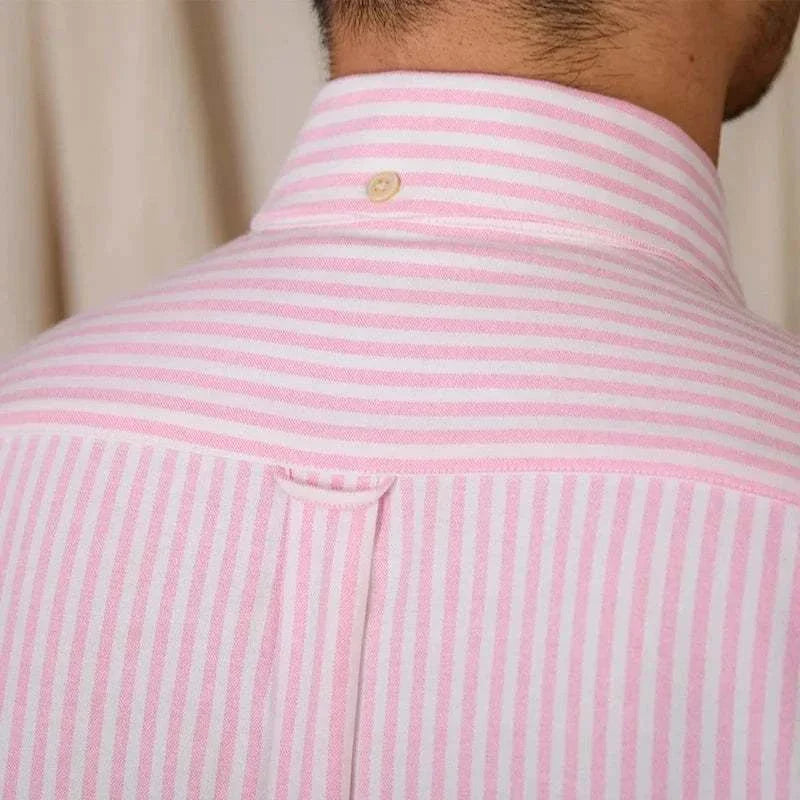 Oxford style casual cotton shirt in pink and white stripes, showcasing back collar button detail.
