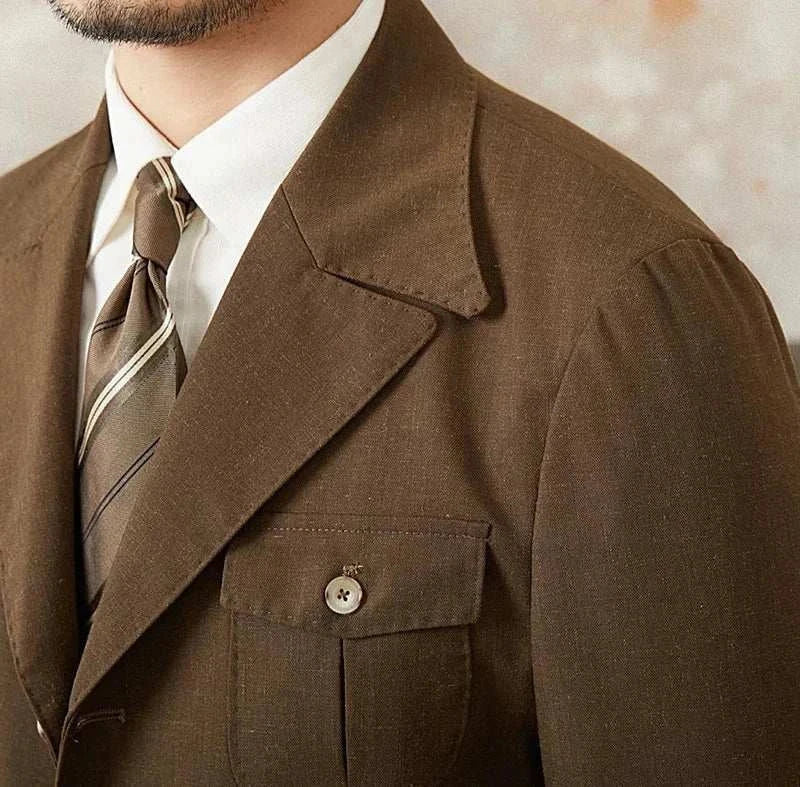 Autumn vintage old money coat for men in brown polyester with elegant design.