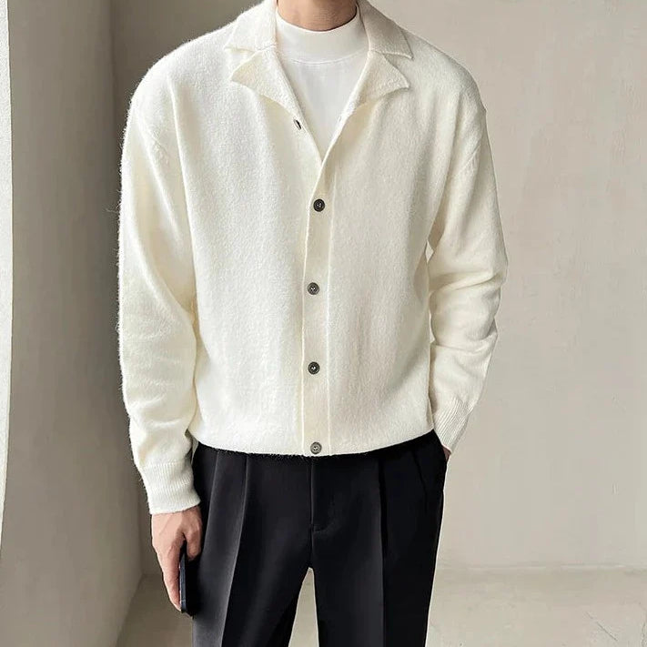 Oxford fall cardigan in white, casual elegant style, polyester material, perfect for autumn/winter layering.