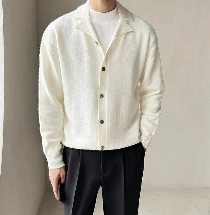 Oxford fall cardigan in white, casual elegant style, polyester material, perfect for autumn/winter layering.