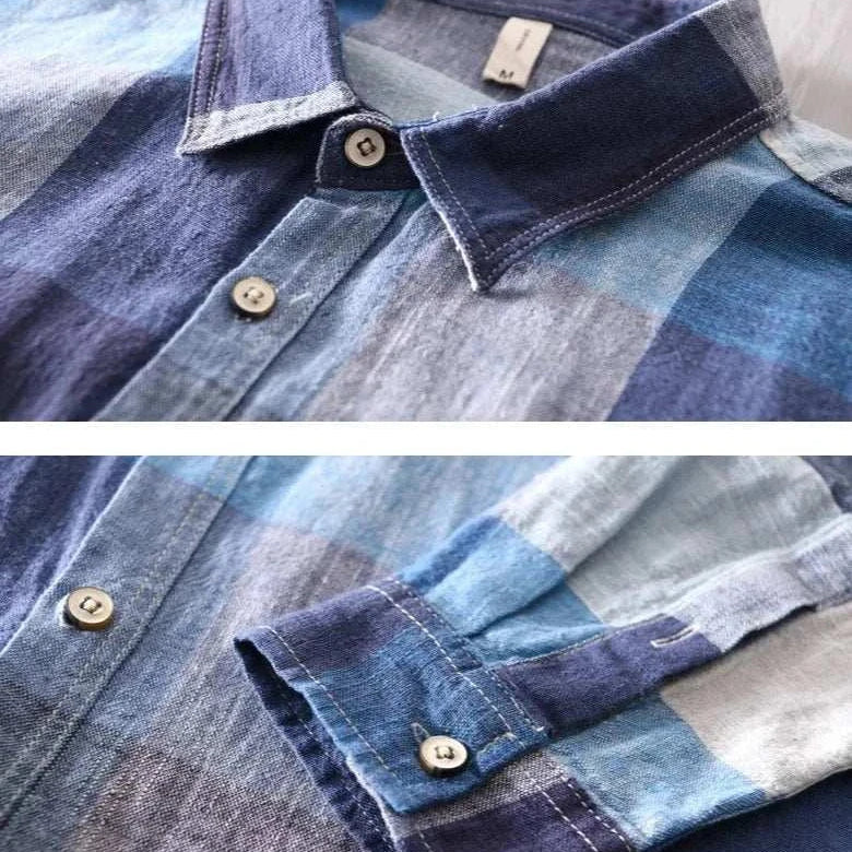 Linen-cotton plaid shirt, perfect for spring/summer, featuring a casual elegant design.