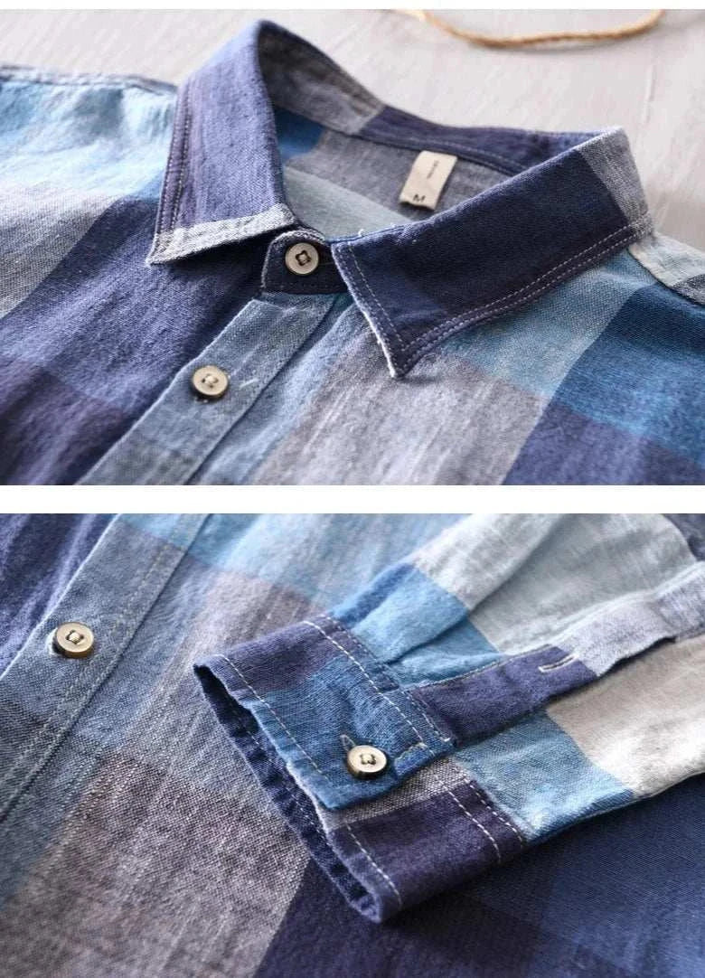 Linen-cotton plaid shirt, perfect for spring/summer, featuring a casual elegant design.