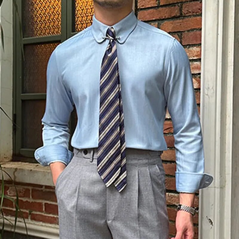 Smart casual Antonios Blue Shirt in solid color with long sleeves.