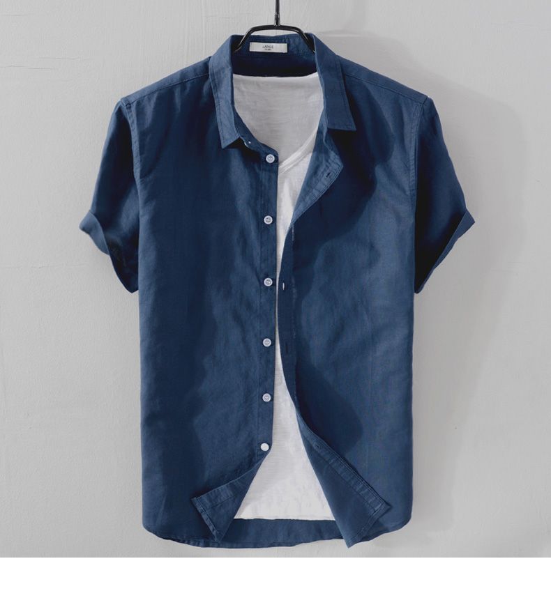 Antonios Short-sleeve Linen Shirt in navy blue, featuring a classic smart casual style.