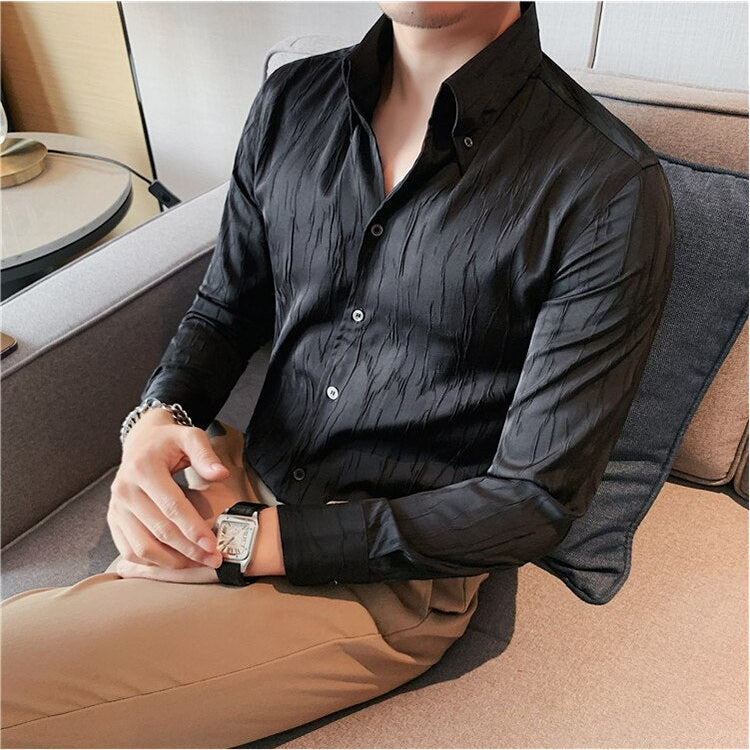 LUXE Long-Sleeve Shirt in black with solid pattern, elegant style, perfect for smart casual wear.