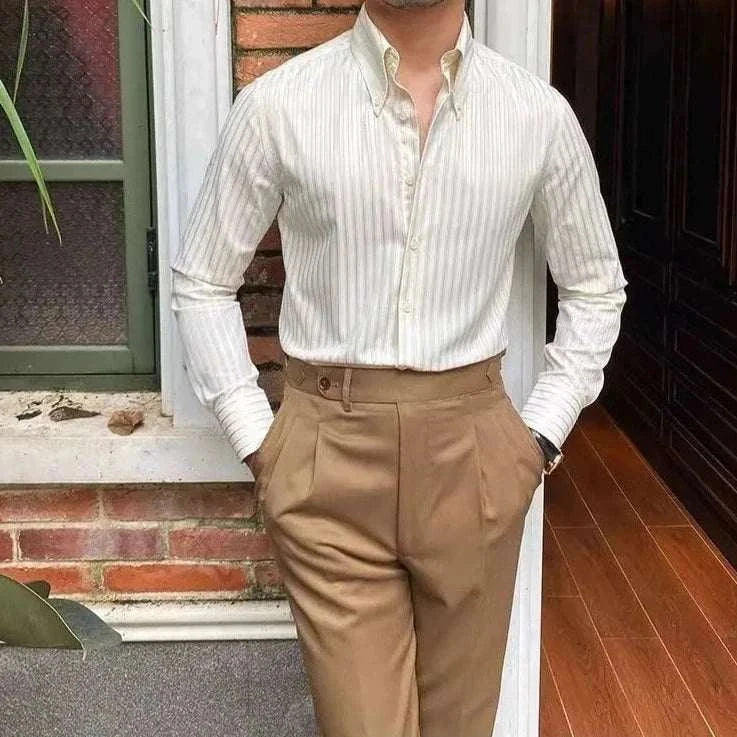 Striped spring gentleman English shirt for men, elegant and breathable, perfect for casual or office wear.