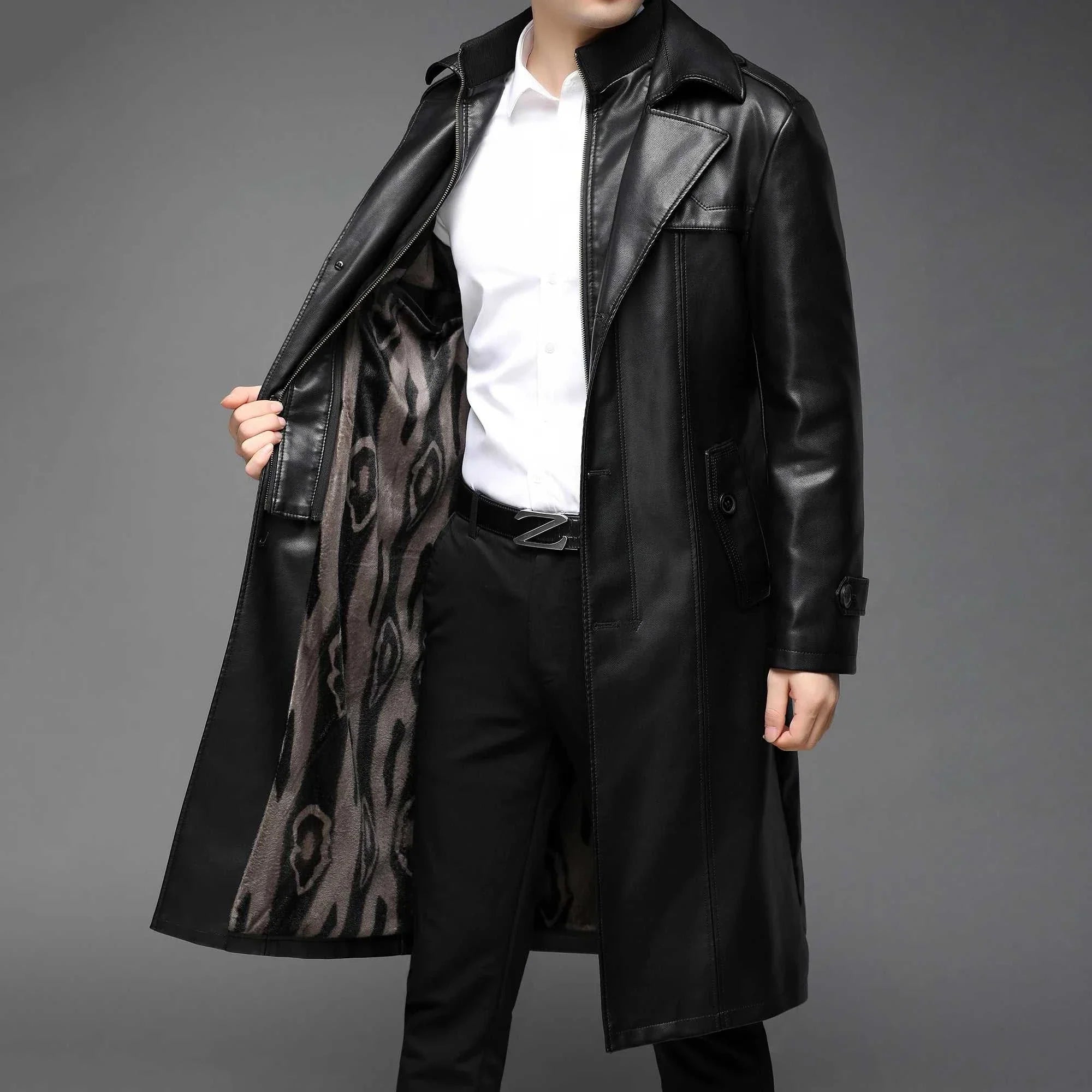 Men's PU leather long coat for autumn and winter, stylish faux leather.