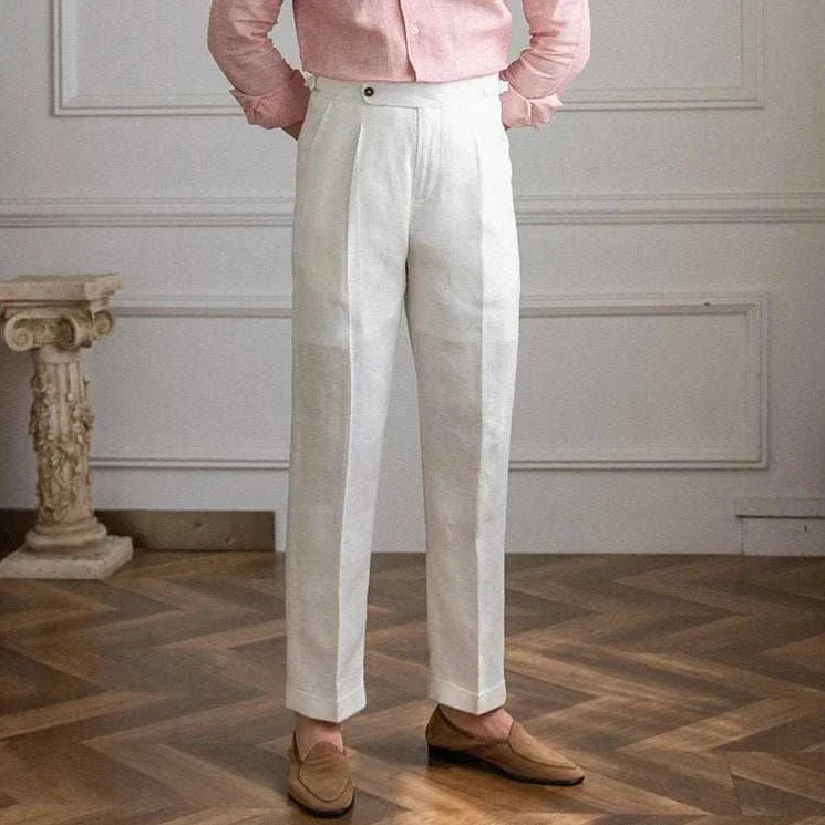 Lightweight Italian high-waist trousers in solid white linen, ideal for casual and smart casual wear.