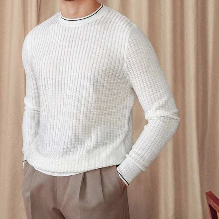 Men’s winter wool sweater in white, ribbed knit design, cozy and stylish.