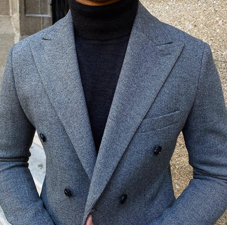 Office double-breasted suit in Italian style with intricate pattern and versatile color.