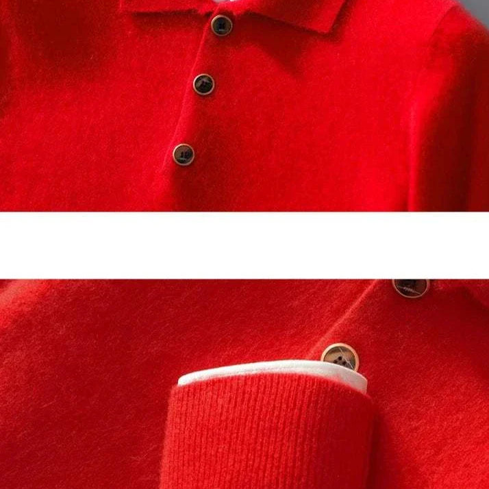 Cold season pure wool sweater in vibrant red with buttons and a warm, cozy design.