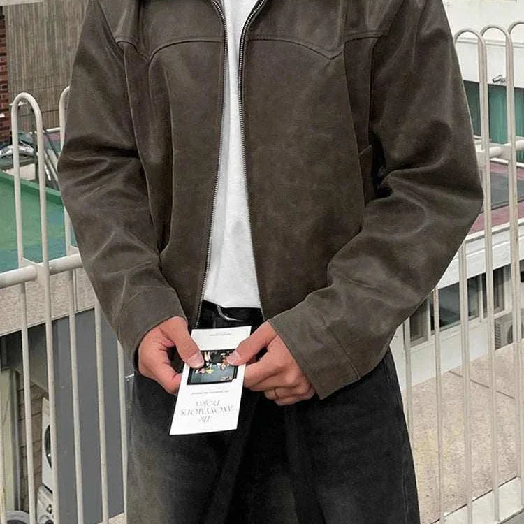 Autumn vintage PU leather jacket for men, durable polyester and faux leather.