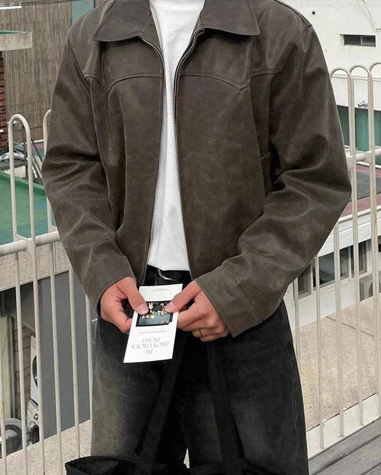 Autumn vintage PU leather jacket for men, durable polyester and faux leather.