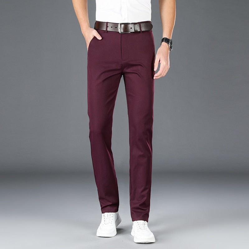 Antonios Stretch Pants in Red Wine color, full-length casual style.