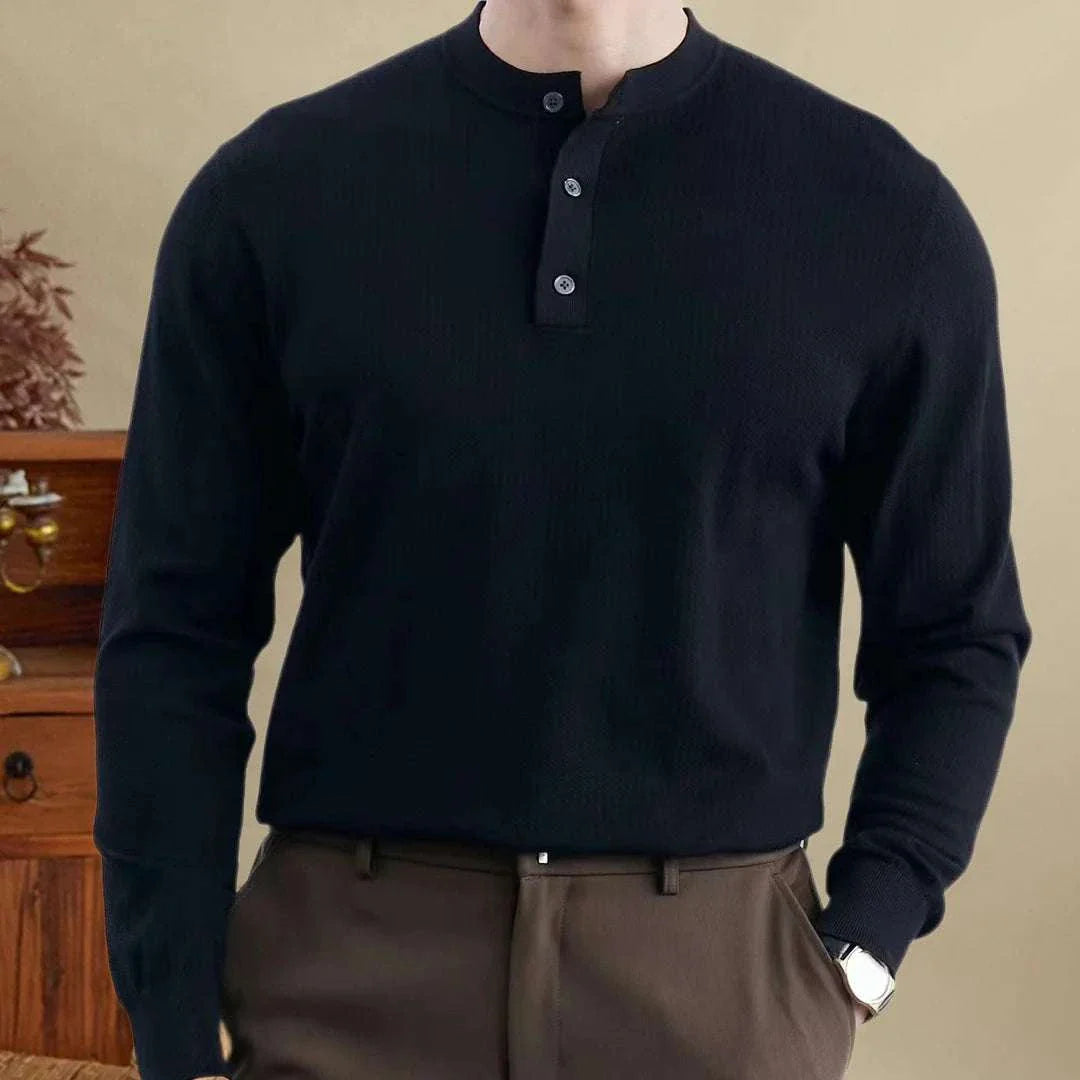 Men's smart casual old money sweater in high-quality wool, black, long sleeves.