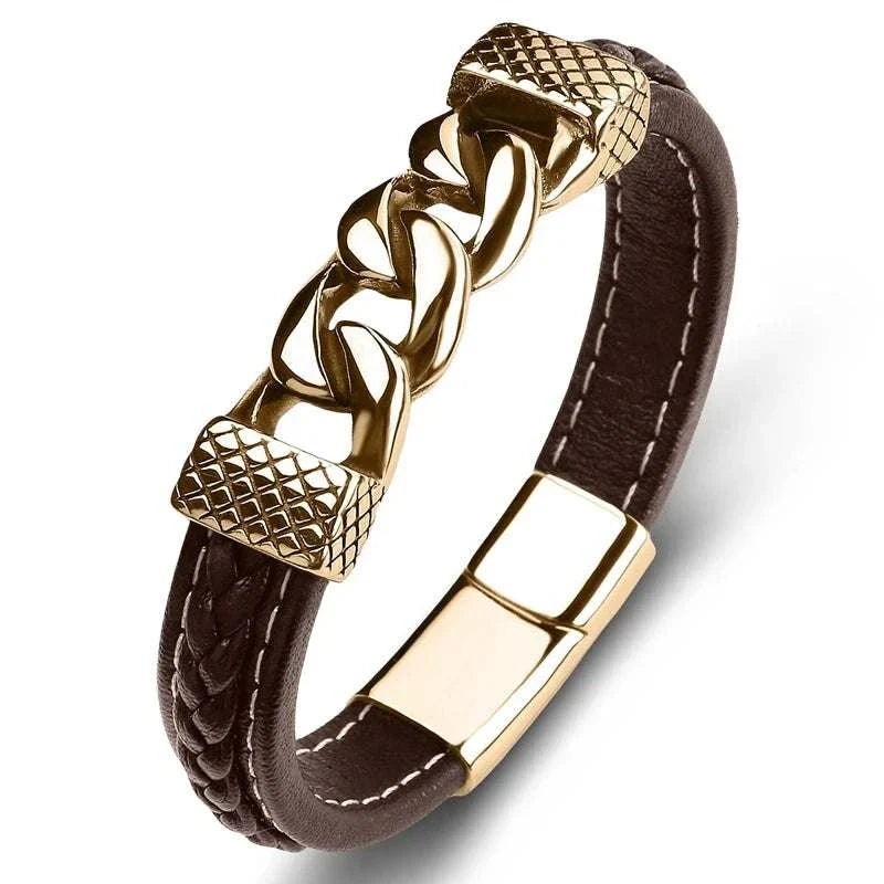 Classic chain stainless steel bracelet with PU material, offering durability and sophistication for everyday wear.