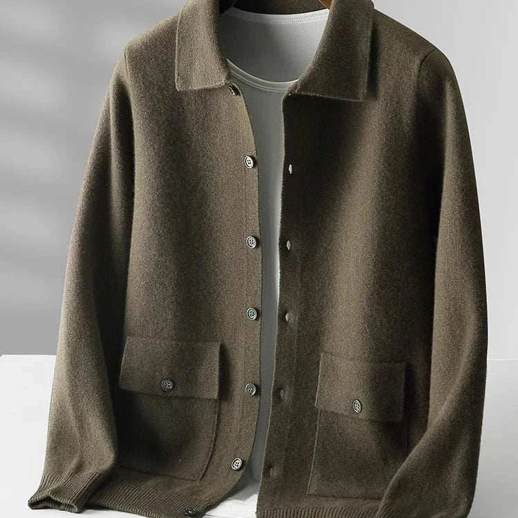 Antonios wool polo collar cardigan in brown, buttoned front, cozy fit.