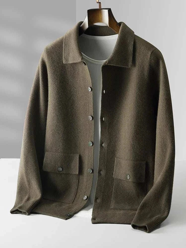 Antonios wool polo collar cardigan in brown, buttoned front, cozy fit.