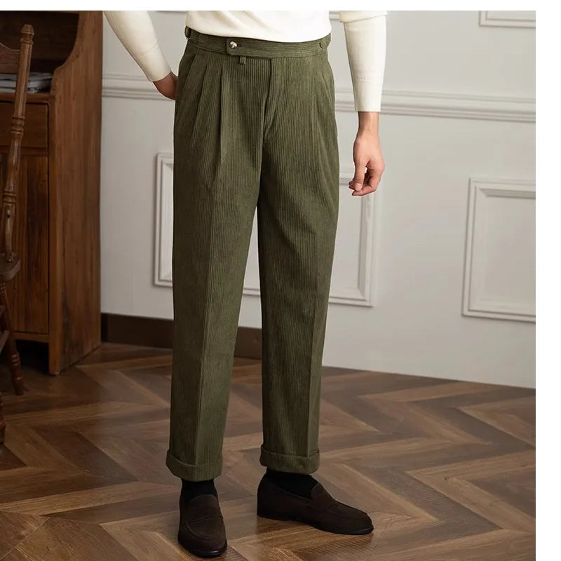 Italian old money vintage pants in green, polyester-cotton blend, styled for a modern gentleman.