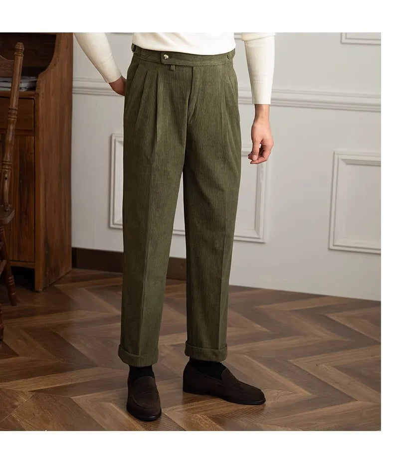Italian old money vintage pants in green, polyester-cotton blend, styled for a modern gentleman.
