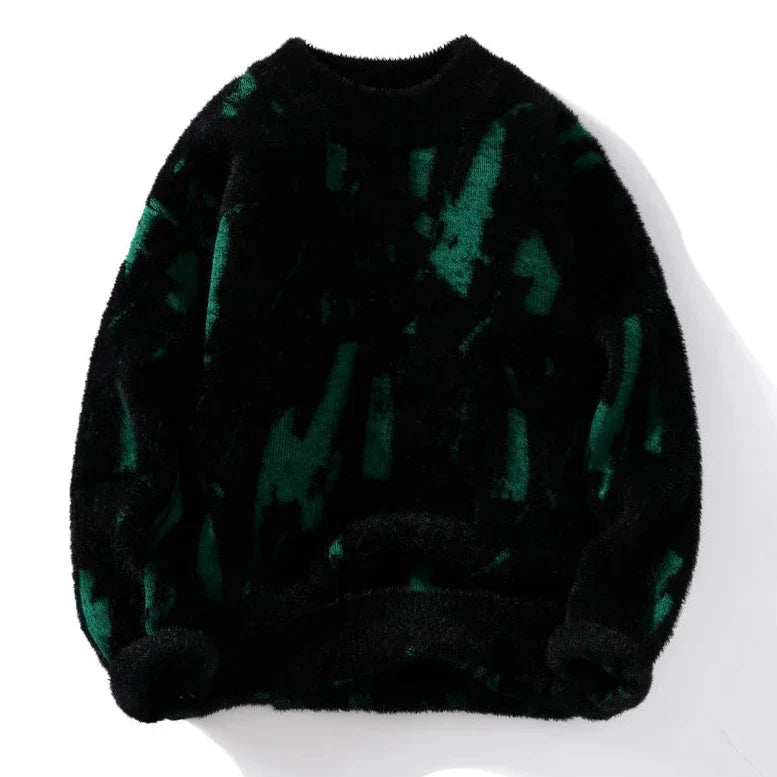 Harakiri sweater in black and green pattern, men's casual elegant wool blend.