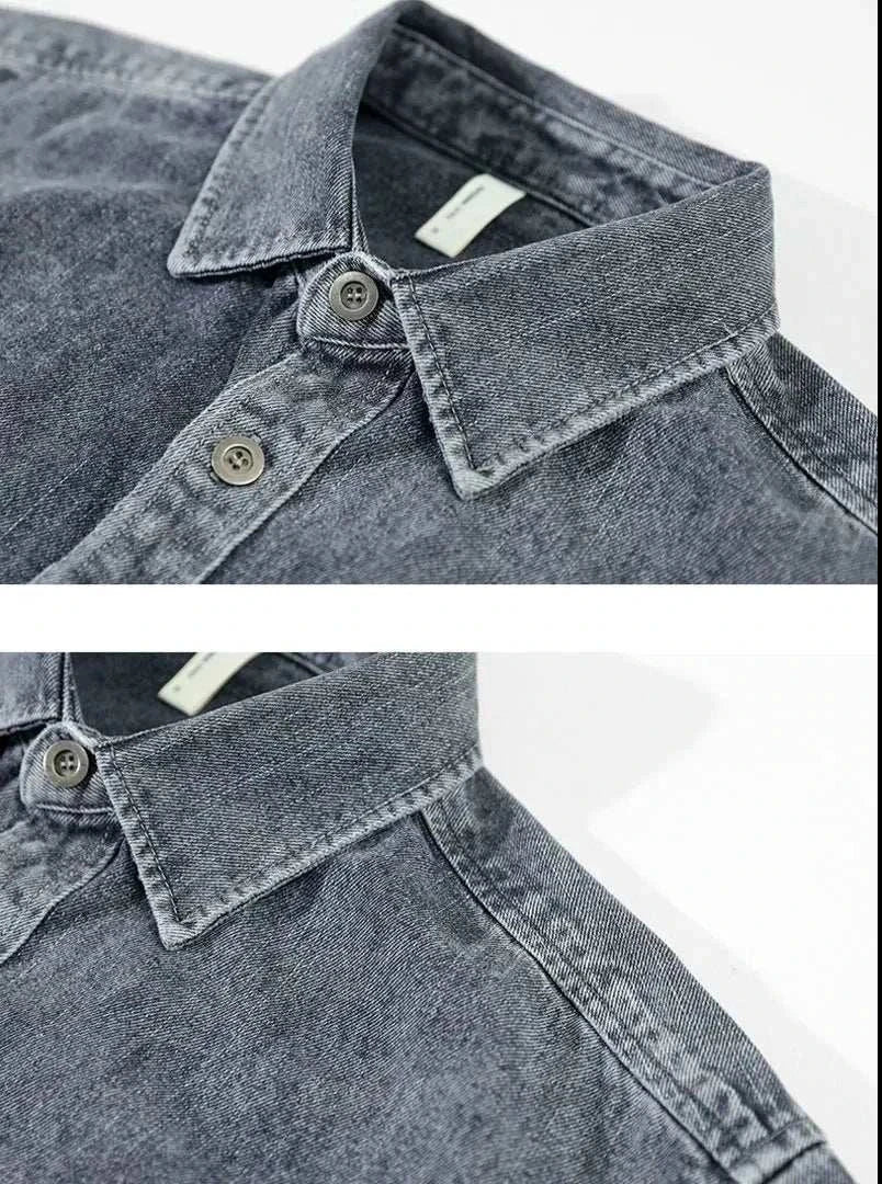 Retro vintage denim shirt, solid pattern, cotton material, casual and elegant style.
