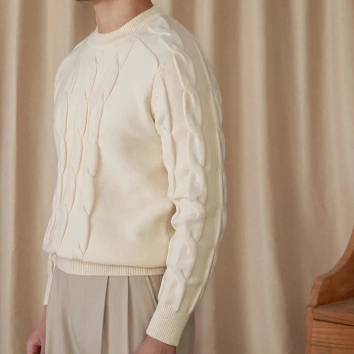 Round neck vintage sweater in off-white cotton and wool blend.