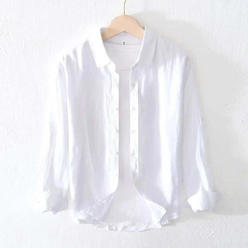 Italian pure linen long-sleeve shirt, white, solid pattern, men's spring/summer wear.