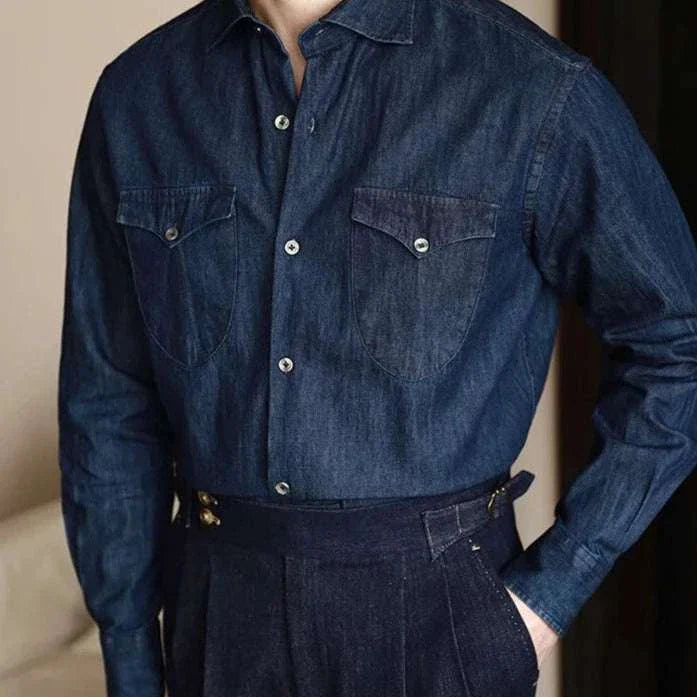 Office premium denim shirt in dark blue with classic collar and button-up design.