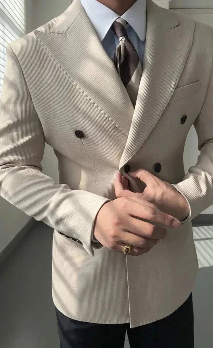 Antonios double breasted suit blazer in beige, elegant men's formalwear.