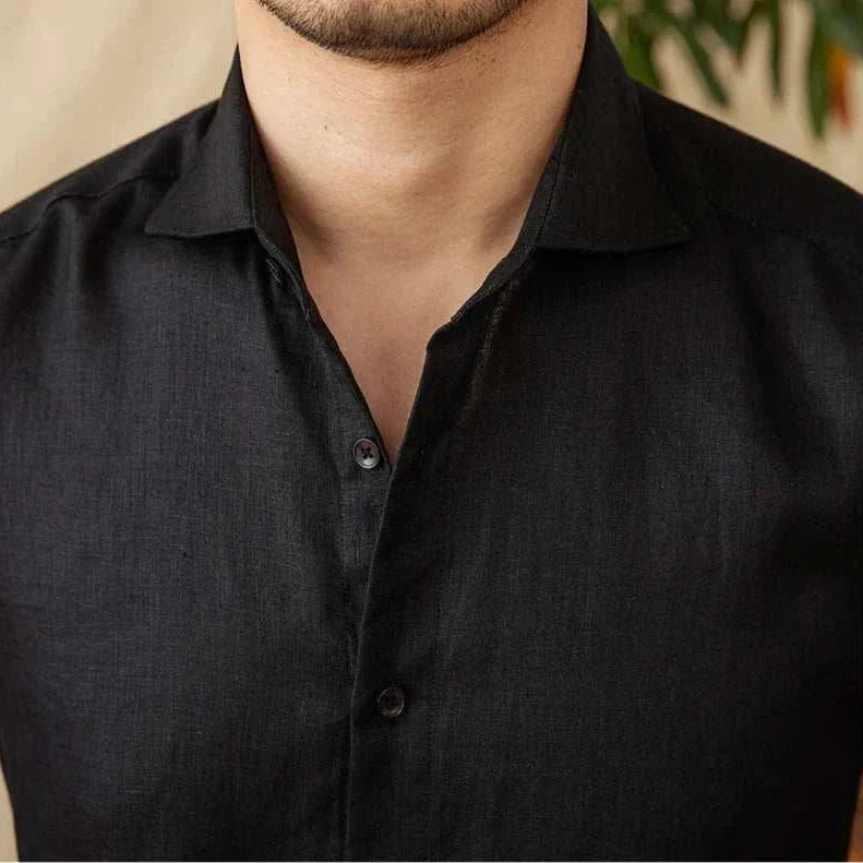 Lightweight linen long-sleeve shirt in black for men.