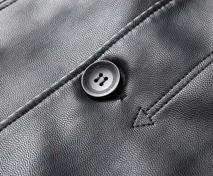 Close-up of a black PU leather long coat with button detail.