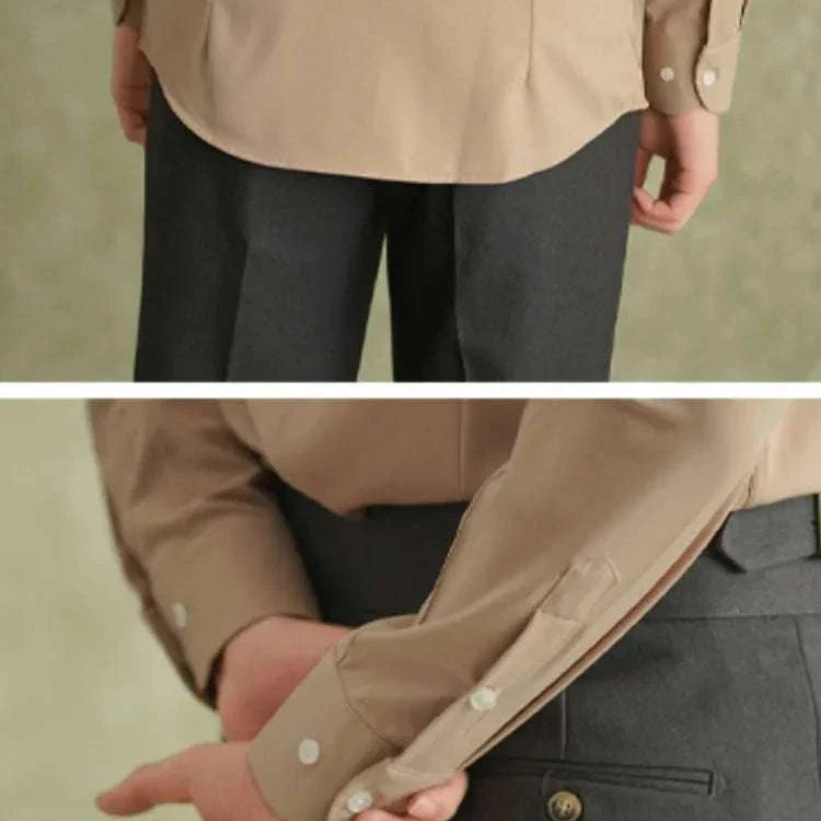 Spring pointer collar long sleeve shirt in solid color, showcasing comfort and elegant design.