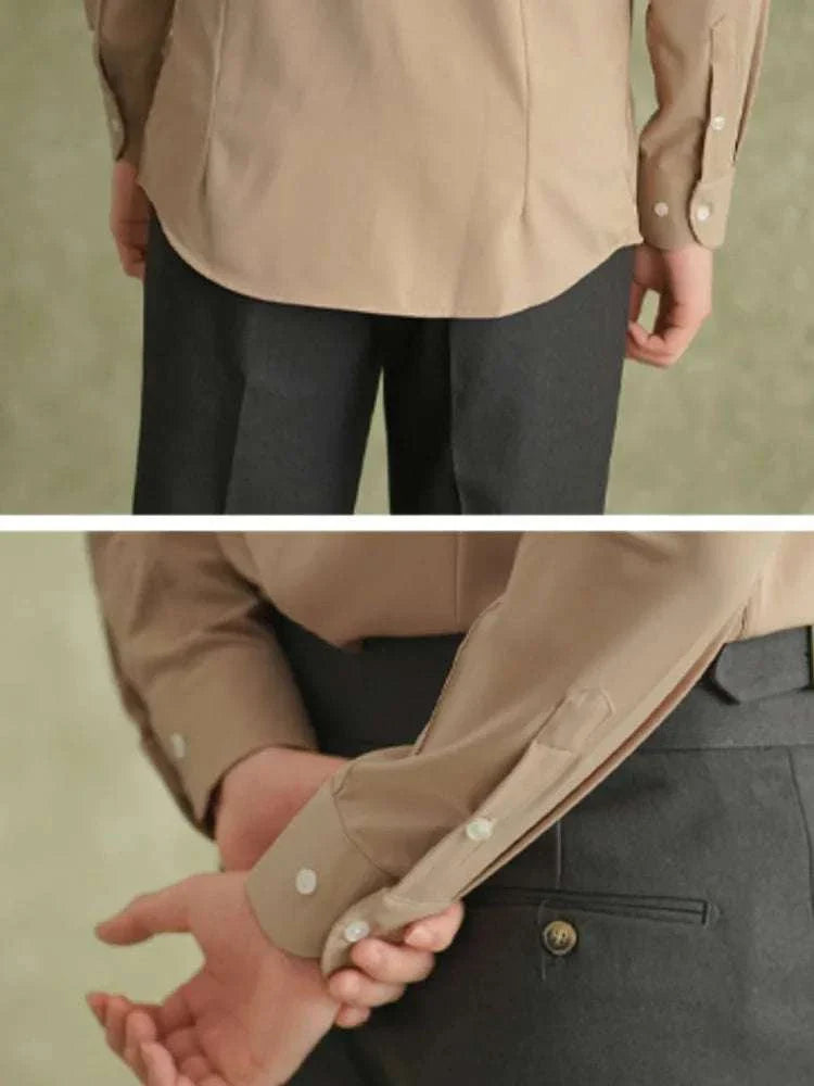 Spring pointer collar long sleeve shirt in solid color, showcasing comfort and elegant design.