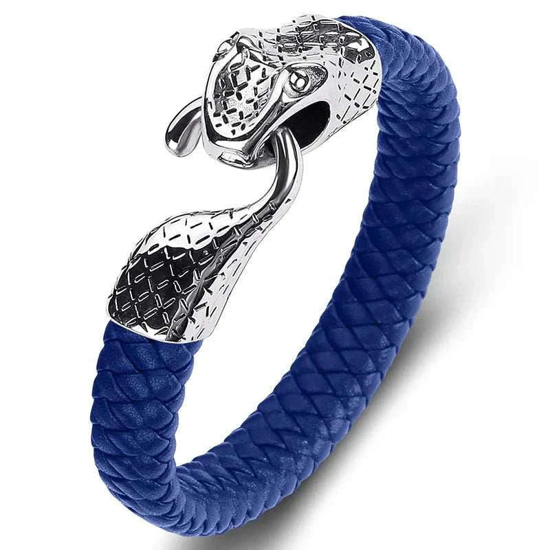 Snake leather bracelet with stainless steel clasp for stylish look.