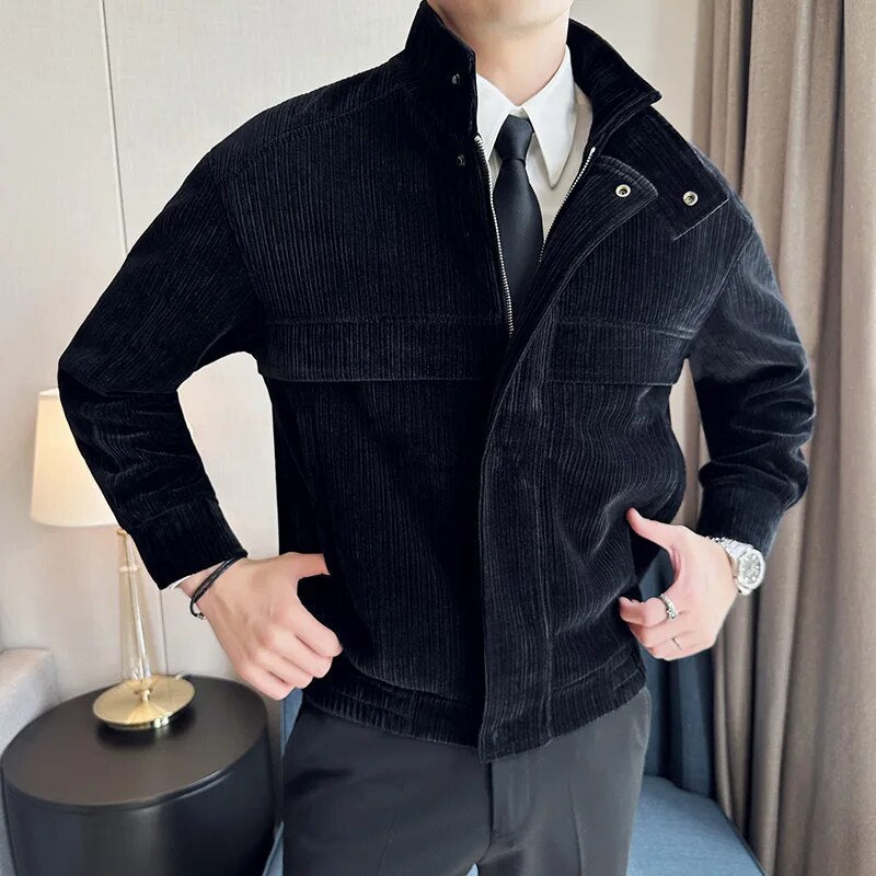 Men's black corduroy winter jacket, casual elegant style.