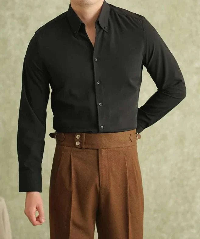 Spring pointer collar long sleeve shirt in black, made of polyester and spandex, suitable for casual or business wear.