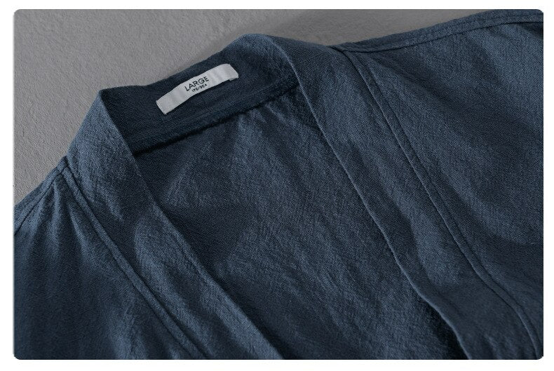 Antonios Linen Long-Sleeved Shirt in navy blue, breathable cotton-linen blend.