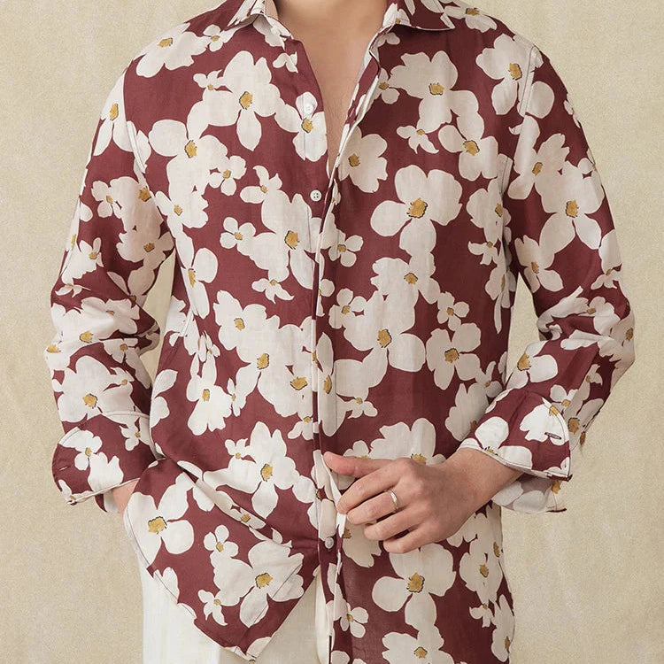 Men's vacation linen printed shirt, casual floral design, breathable and stylish.
