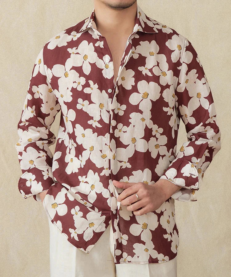 Men's vacation linen printed shirt, casual floral design, breathable and stylish.