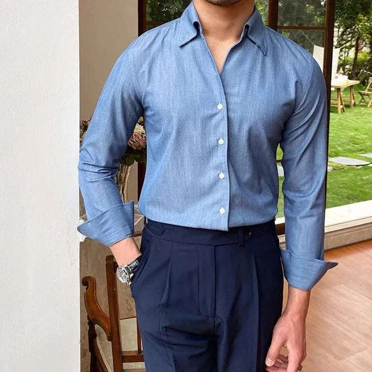 Stylish Antonios British casual shirt for men, blue with classic collar, perfect for elegant or casual wear.