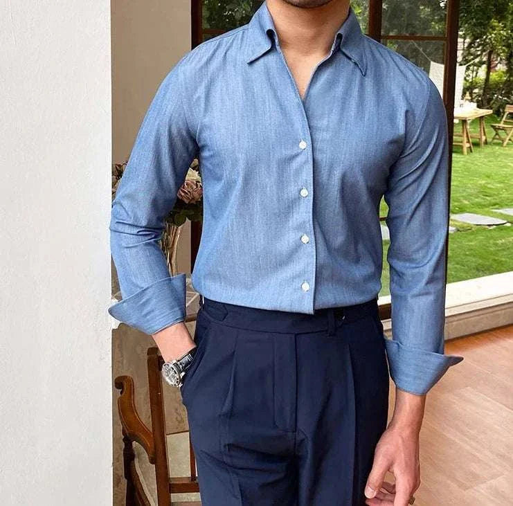 Stylish Antonios British casual shirt for men, blue with classic collar, perfect for elegant or casual wear.