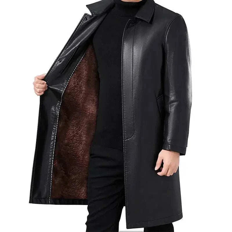 Men's PU Leather French coat with faux fur lining, ecological leather, and sleek winter design.