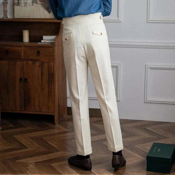 Cold season straight trousers for men in cozy polyester, solid pattern.